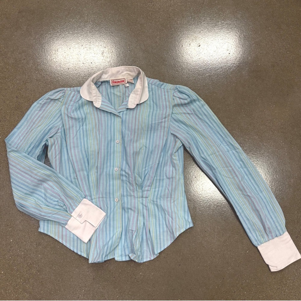 Vintage Foxmoor Striped Button Down Blouse Blue White Peter Pan Collar M 70/80s